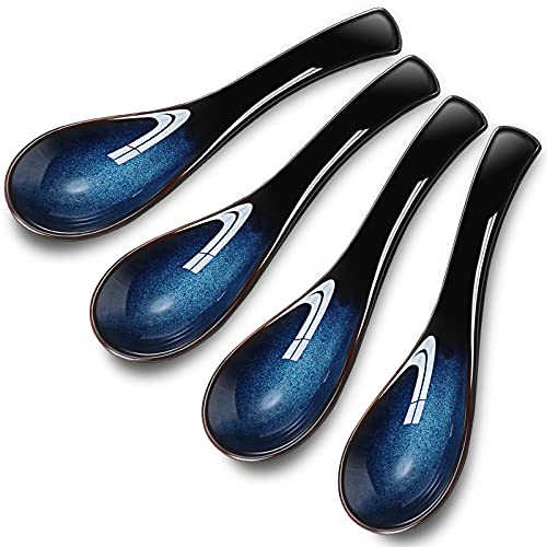 Geiserailie 4 Pieces Asian Ceramic Soup Spoons Set Long Handle Chinese Spoons Retro Blue Japanese Ramen Bowl Soup Spoon Suitable for Gravy, Cake, Oatmeal, Dumplings - Image 1