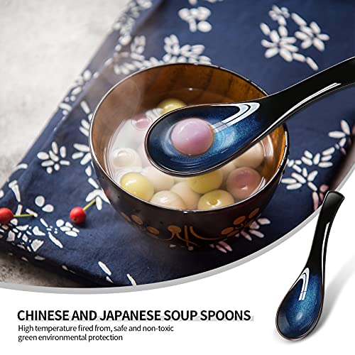 Geiserailie 4 Pieces Asian Ceramic Soup Spoons Set Long Handle Chinese Spoons Retro Blue Japanese Ramen Bowl Soup Spoon Suitable for Gravy, Cake, Oatmeal, Dumplings - Image 4