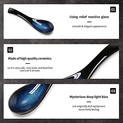 Geiserailie 4 Pieces Asian Ceramic Soup Spoons Set Long Handle Chinese Spoons Retro Blue Japanese Ramen Bowl Soup Spoon Suitable for Gravy, Cake, Oatmeal, Dumplings - Image 2