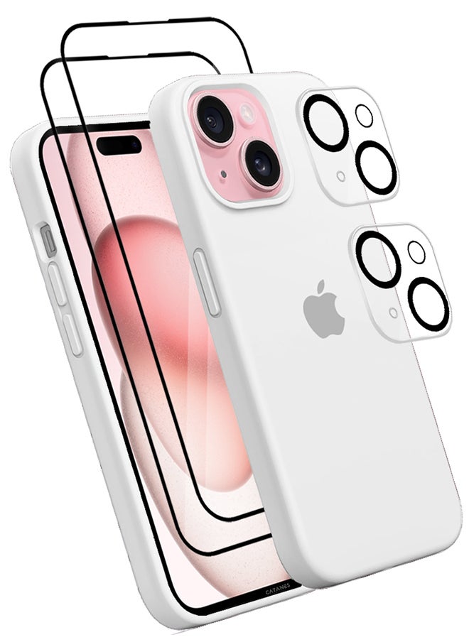 CATANES - 5 Packs For iPhone 15 Case 2 Screen Protectors and 2 Camera Lens Protectors Upgrade Defender Silicone Cover Shockproof Anti-Scratch Protective Phone Case White - Image 1