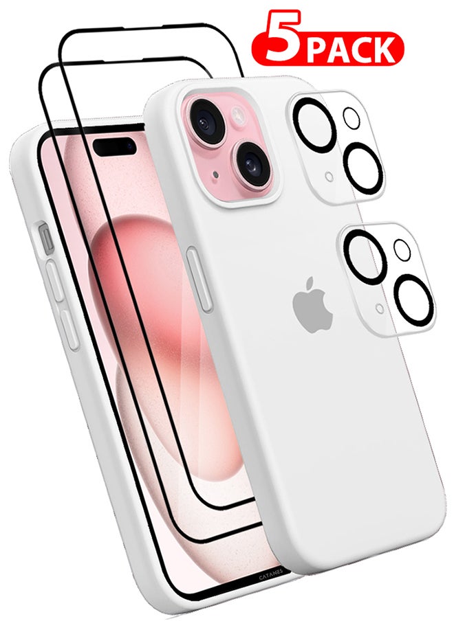 CATANES - 5 Packs For iPhone 15 Case 2 Screen Protectors and 2 Camera Lens Protectors Upgrade Defender Silicone Cover Shockproof Anti-Scratch Protective Phone Case White - Image 1