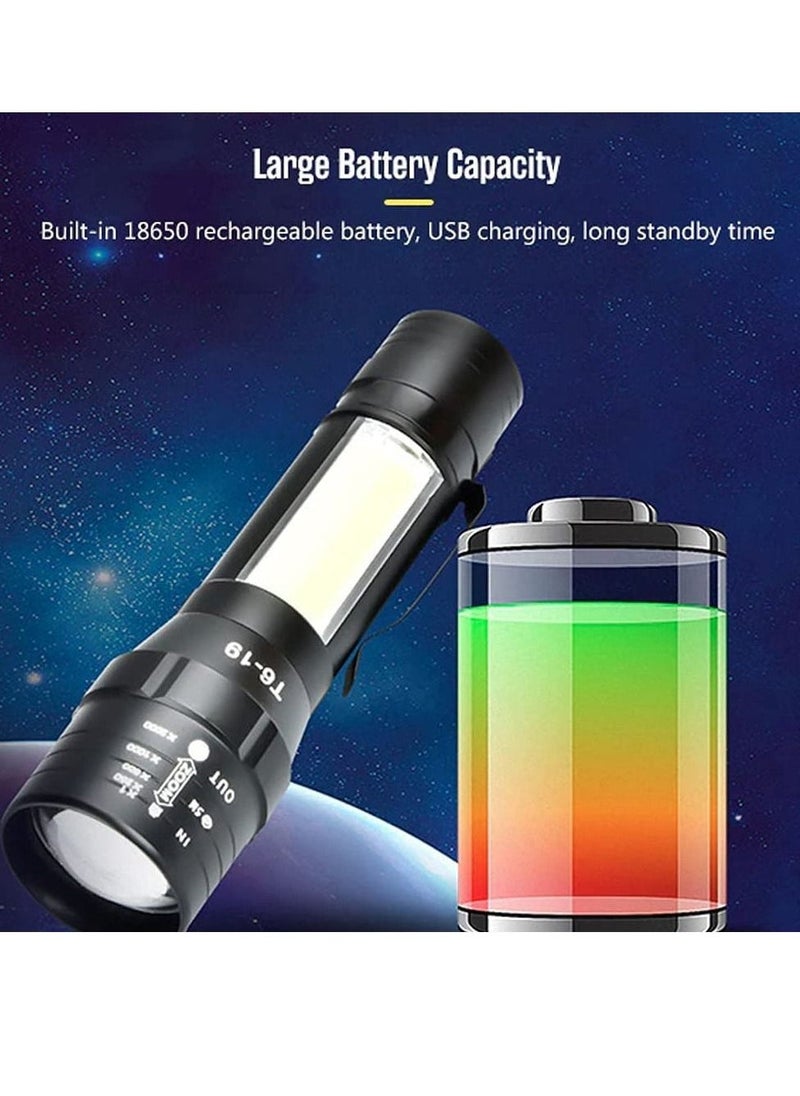 360 Flashlight with Side Light COB LED USB Rechargeable Super Bright Torch, Outdoor Emergency Lighting - Black (smal) - Image 4