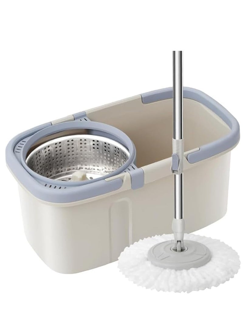 ممسحة دوارة ودلو من مانيس بعجلات ومقبض قابل للتمديد، ممسحة دوارة 360 درجة لتنظيف الأرضيات تتضمن 2 عبوة إعادة تعبئة من الألياف الدقيقة ورؤوس ممسحة لتنظيف سهل (رمادي) - Image 1