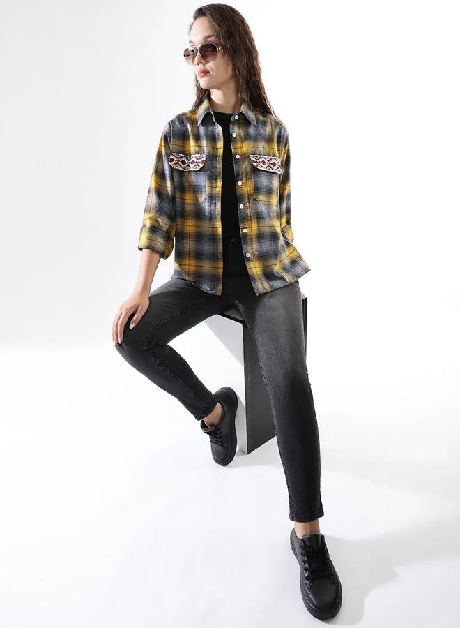 HIGH STAR Women'S Multicolour 100% Cotton Embroidered Button Down Relaxed Shirt