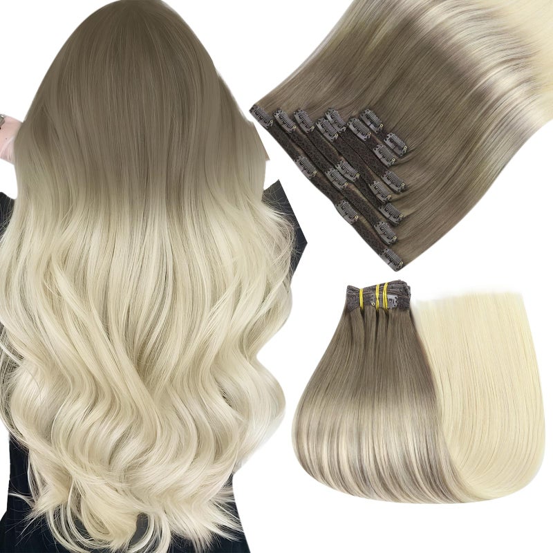 Easyouth Clip in Hair Extensions Ombre Thick Human Hair Clip in Extensions Light Brown Ombre Platinum Blonde Straight Clips on Extension Human Hair for Short Straight Hair 80G 12 Inch 7Pcs