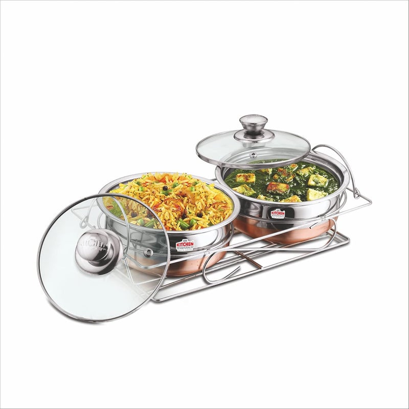 Kitchen Essentials-2 Pcs Copper Bottom Cook and Serve Set (14cm+14 cm) with Glass Lid+Serving Stand - KE-FG001482 - Image 2