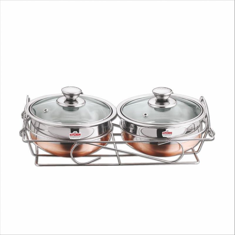 Kitchen Essentials-2 Pcs Copper Bottom Cook and Serve Set (14cm+14 cm) with Glass Lid+Serving Stand - KE-FG001482 - Image 1