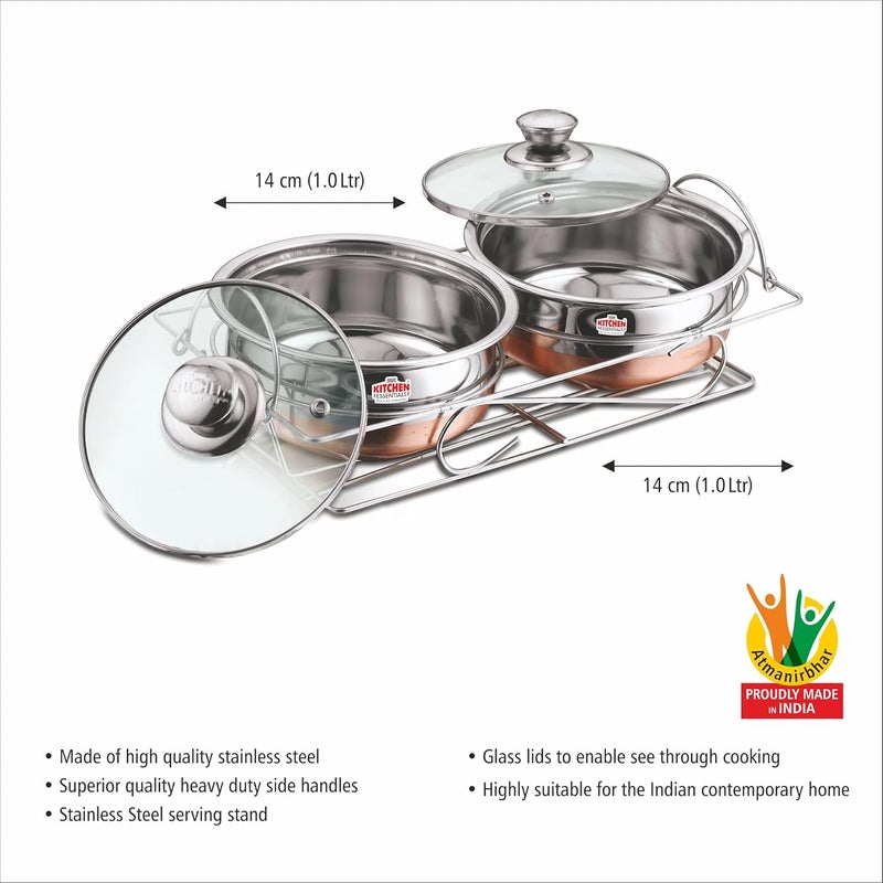 Kitchen Essentials-2 Pcs Copper Bottom Cook and Serve Set (14cm+14 cm) with Glass Lid+Serving Stand - KE-FG001482 - Image 3