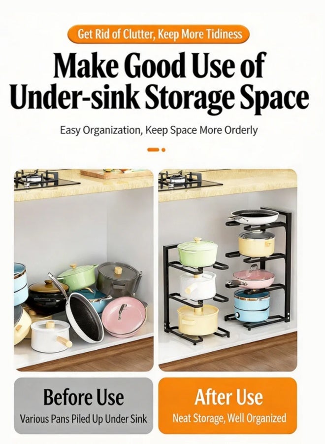 3-Tier Pot Rack Organizer, Heavy Duty Carbon Steel Cookware Storage Stand, Multifunctional Under Sink Kitchen Rack for Pots Pans Skillets, Space Saving Vertical Kitchen Cabinet Storage Holder - Image 4