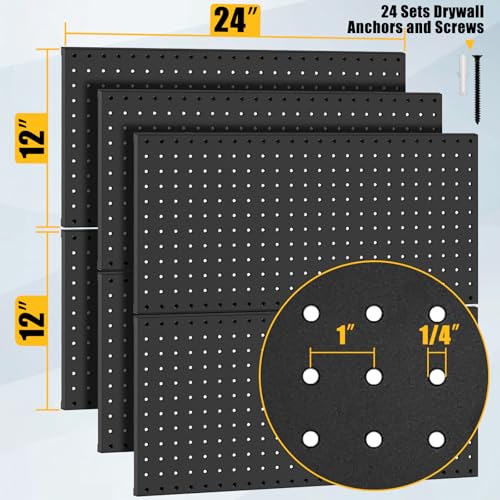 PBHEPJ 6 Pcs Metal Pegboard Panels, Heavy Duty Peg Boards for Garage and Garden Tool Storage, Includes Drywall Anchors and Screws Kits, Black - Image 3