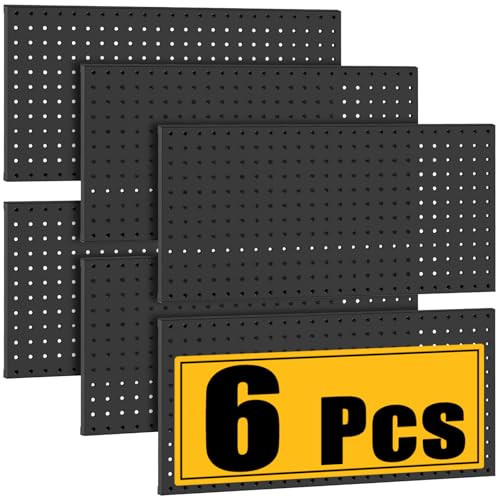 PBHEPJ 6 Pcs Metal Pegboard Panels, Heavy Duty Peg Boards for Garage and Garden Tool Storage, Includes Drywall Anchors and Screws Kits, Black - Image 1