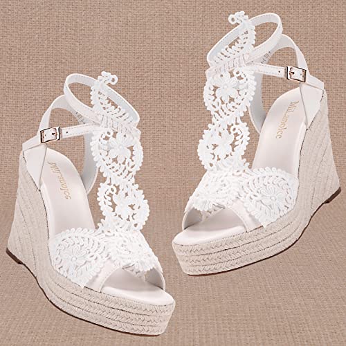 MiLanolce Women's Platform Sandals Wedge Open Toe Ankle Strap lace Wedding Shoes Bridesmaid Shoes,White,Size-5 - Image 5