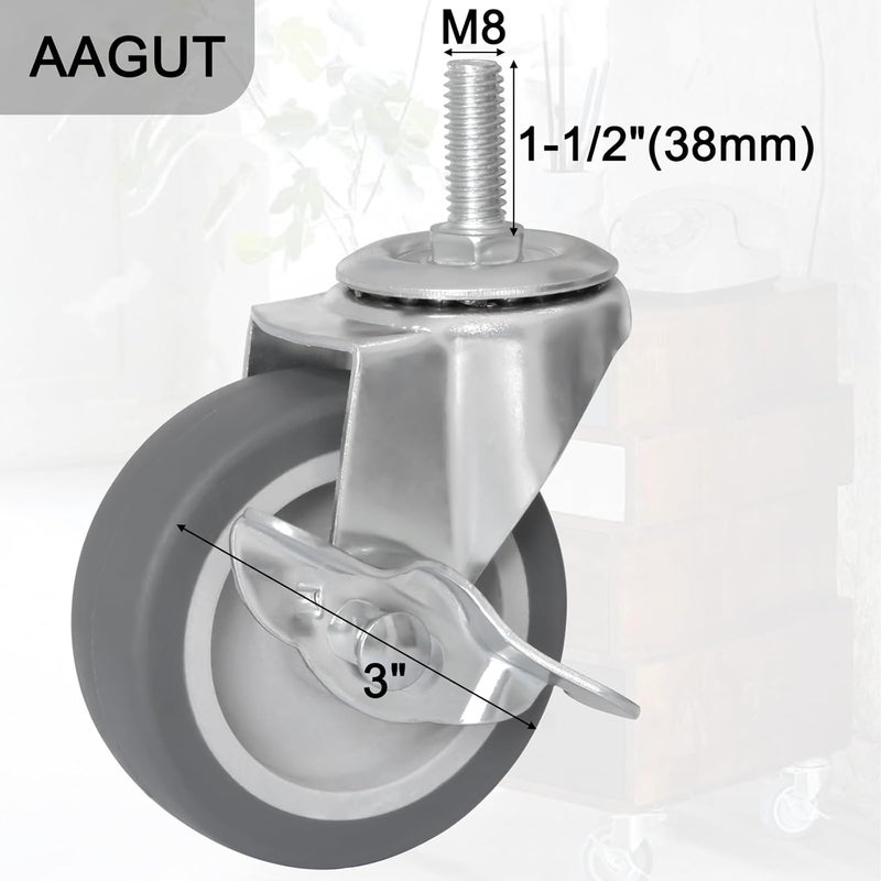 AAGUT 3 Inch Caster Wheels with Locking Brakes, Rubber Heavy Duty M8 x 1.5" Threaded Stem Industrial Castors Replacement for Workbench,Carts,Furniture,Dolly,Trolley, 4 Packs - Image 2