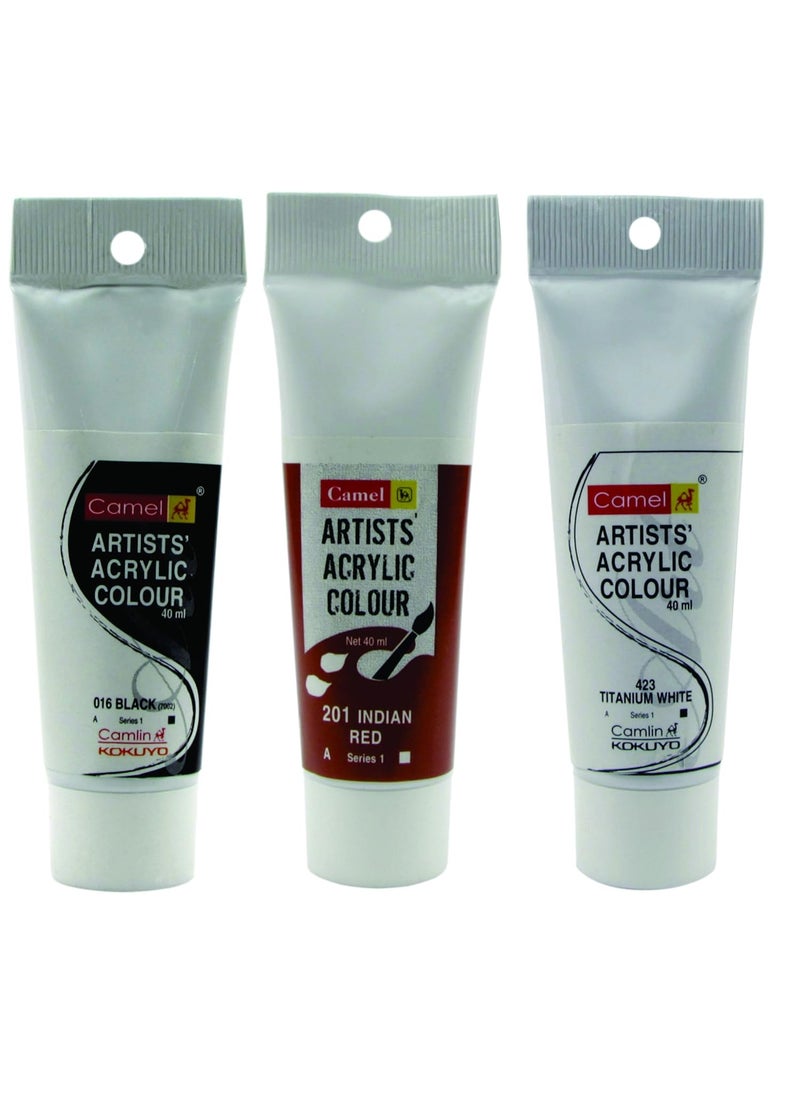 camel Camlin Kokuyo Acrylic Tubes 40ml- Indian Red, Black & Titanium White 