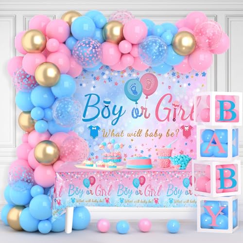 FRIGG Baby Gender Reveal Party Decorations Pink Blue Balloon Arch Garland Kits With 4pcs Balloon Boxes Backdrop and Tablecloths for Baby Shower Boy or Girl Gender Reveal Party Ideas Supplies - Image 1