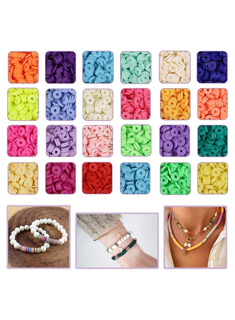 Clay Beads, Flat Round Premium Polymer Heishi Beads with Elastic Rope and Container Box Jewelry Making for Handmade Necklace Bracelet Earring DIY Craft Kit, 24 Bright Colors, 6 mm  - Image 3