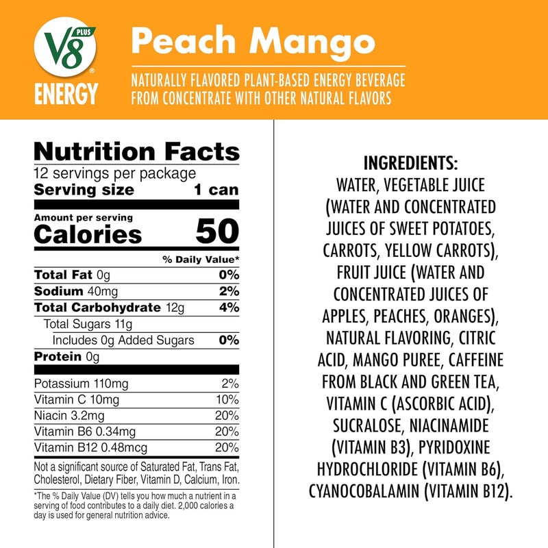 V8 Energy Peach Mango Energy Drink - 12 Pack of 8 fl oz Cans - Image 2