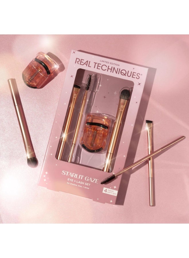 Real Techniques Starlit Gaze Eye + Lash 4 Piece Holiday Gift Set, Eye Makeup Brush Set For Eyeshadow & Brow Products, Mini Eyelash Curler For Travel, Stocking Stuffer, Limited Edition, Cruelty-Free Gold - Image 4
