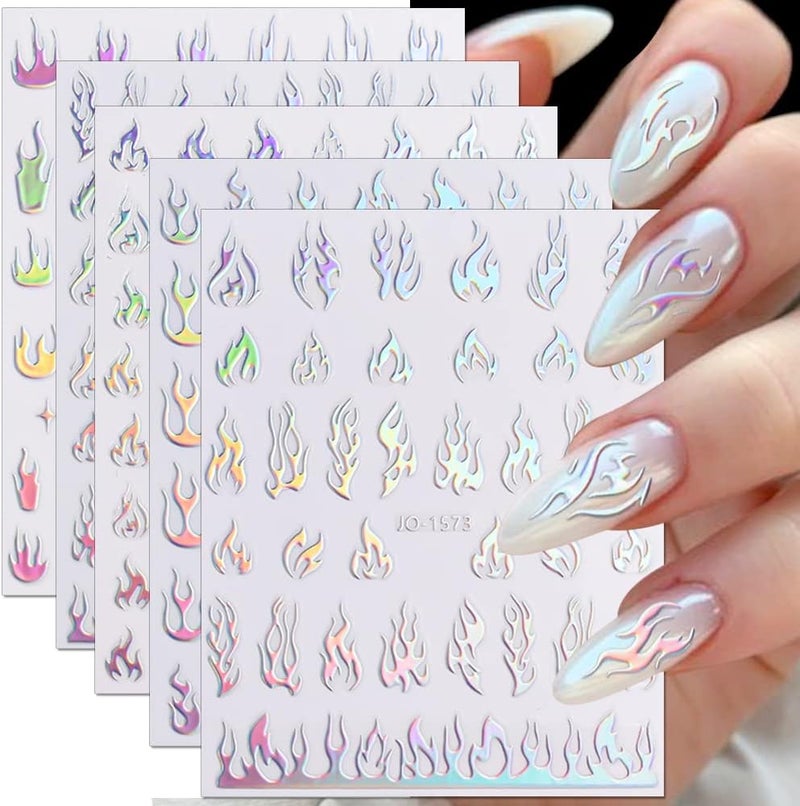 Dornail 6 Sheets Aurora Nail Stickers Holographic Laser Flame Nail Decals 3D Self Adhesive Nail Art Stickers Silver Fire Flame Nail Sticker DIY Nail Design Nail Art Decoration Nail Supplies