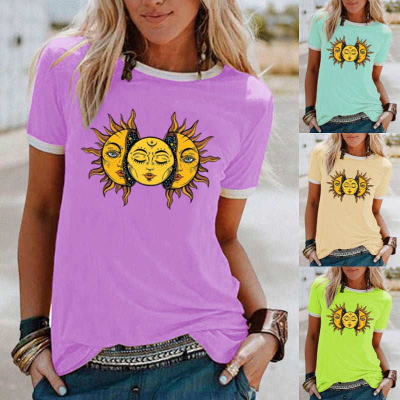 wish Sun Moon pattern printed edge contrast short sleeve t-shirt - Image 2