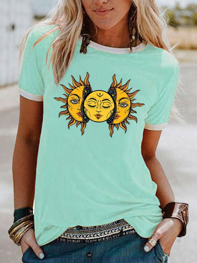 wish Sun Moon pattern printed edge contrast short sleeve t-shirt - Image 3