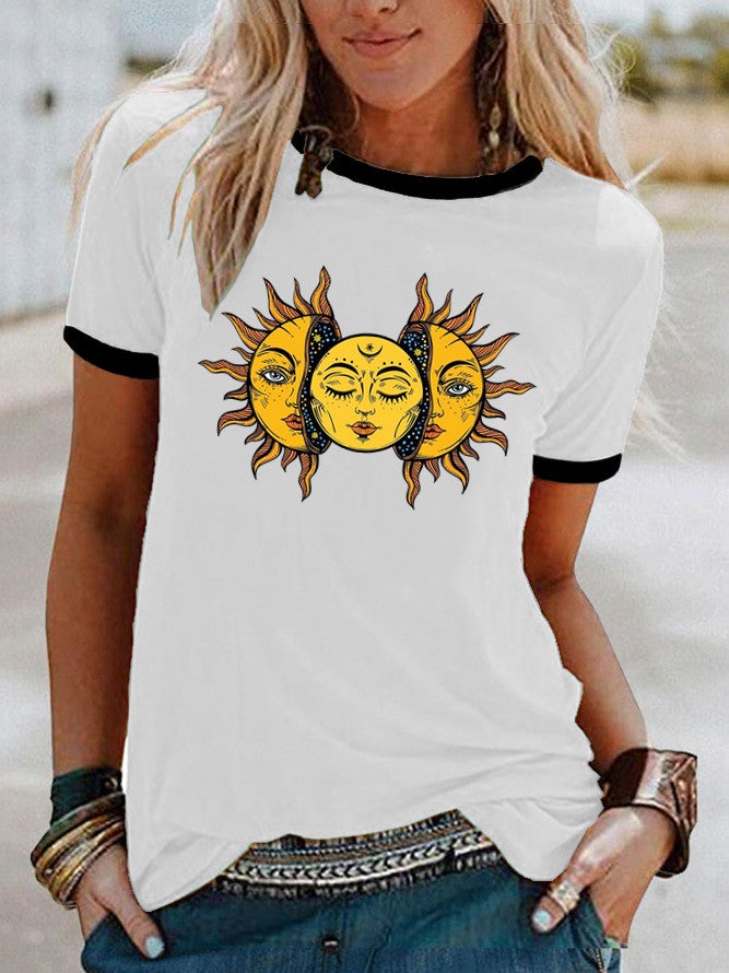 wish Sun Moon pattern printed edge contrast short sleeve t-shirt - Image 1