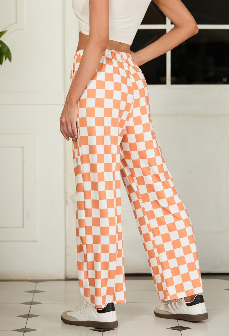 IWOLLENCE Women's Casual Loose Checkered Wide Leg Pants High Waist Straight Lounge Y2K Gingham Trousers Fall Orange Wihte, L - Image 3