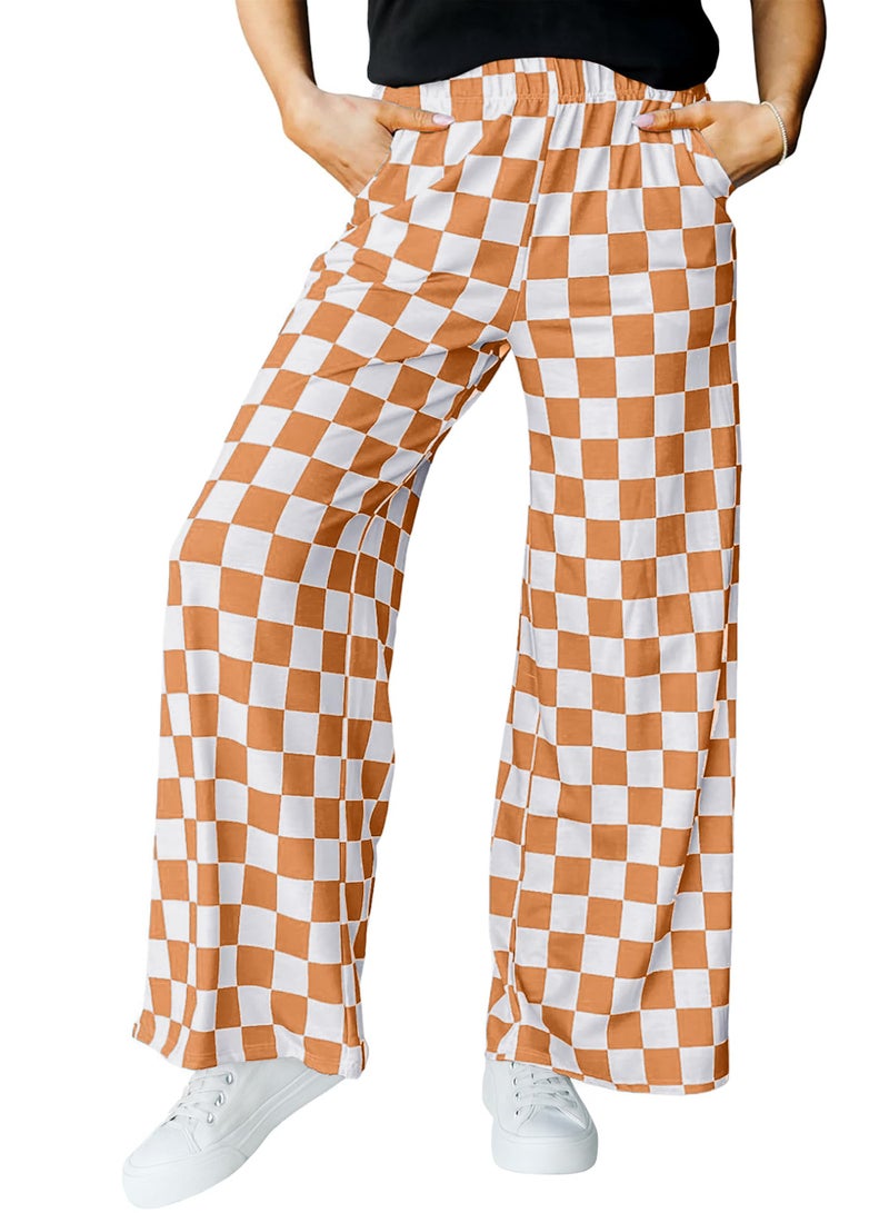 IWOLLENCE Women's Casual Loose Checkered Wide Leg Pants High Waist Straight Lounge Y2K Gingham Trousers Fall Orange Wihte, L - Image 1