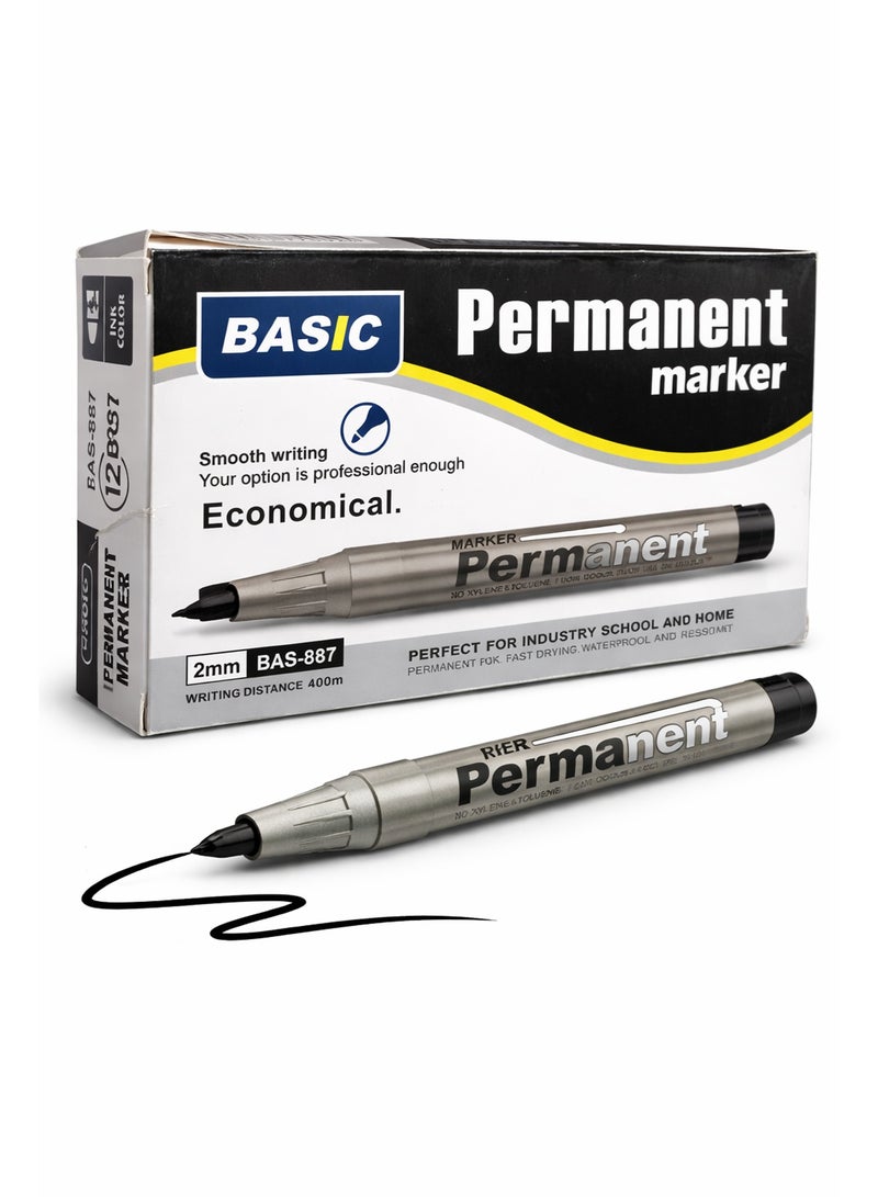 Permanent Marker Set 12 PCS 2mm Fine Tip – Fast Drying Waterproof Ink Marker Pens for Office School Home Industrial Use Long Writing Distance 400m Black Markers - Image 1