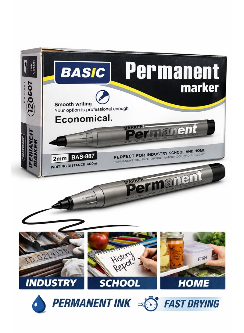 Permanent Marker Set 12 PCS 2mm Fine Tip – Fast Drying Waterproof Ink Marker Pens for Office School Home Industrial Use Long Writing Distance 400m Black Markers - Image 2