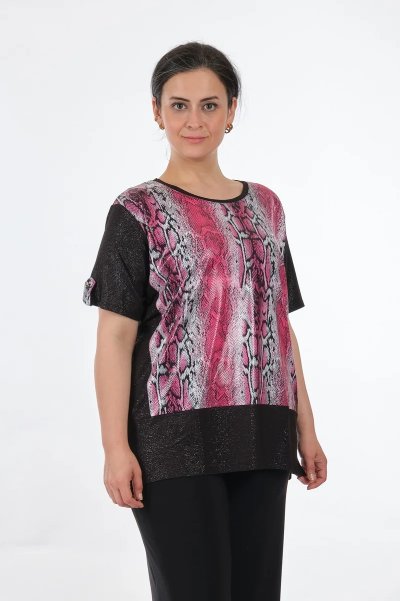 Twomail Round Neck Plus Size Short Sleeve Fuchsia Women's T-Shirt MY2150P10777