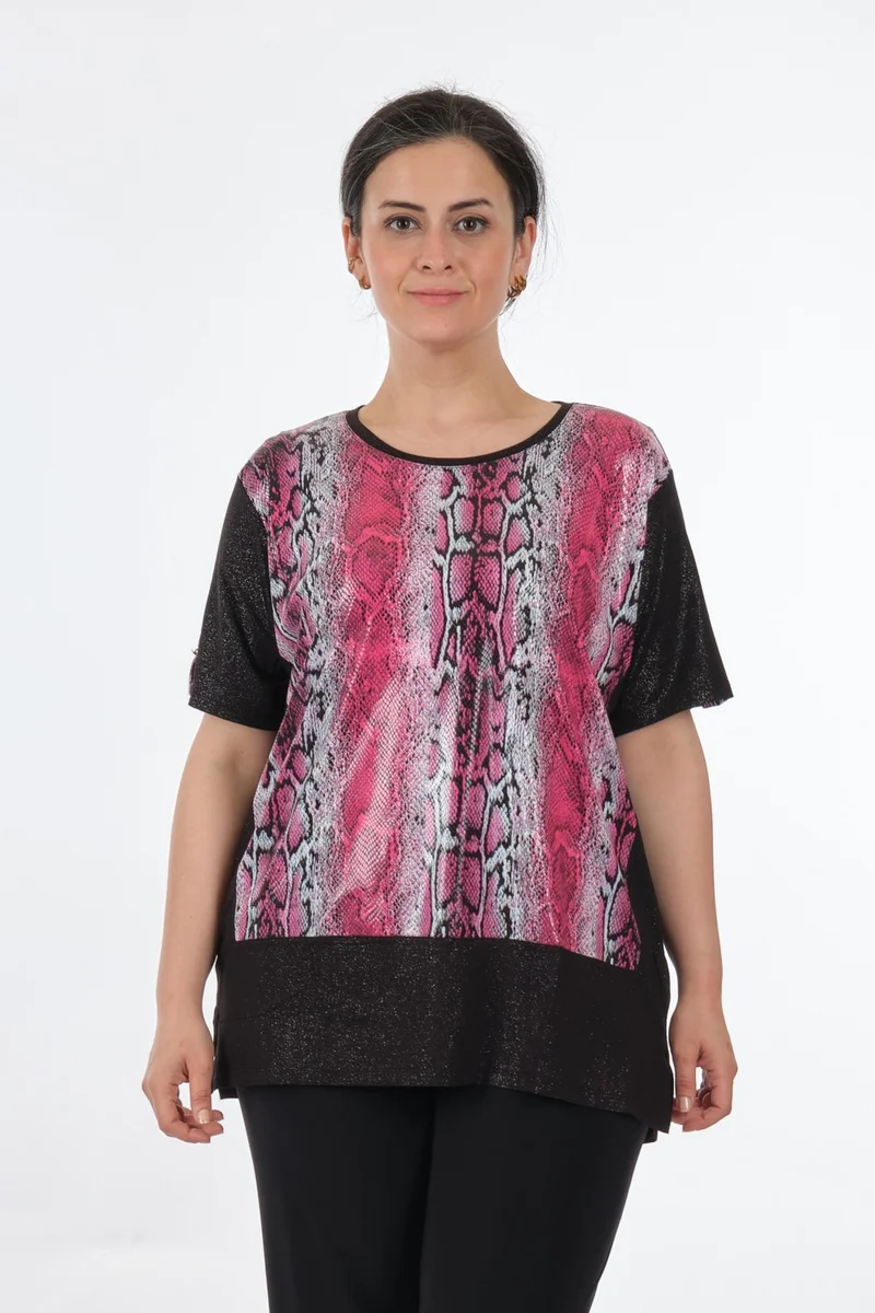 Twomail Round Neck Plus Size Short Sleeve Fuchsia Women's T-Shirt MY2150P10777