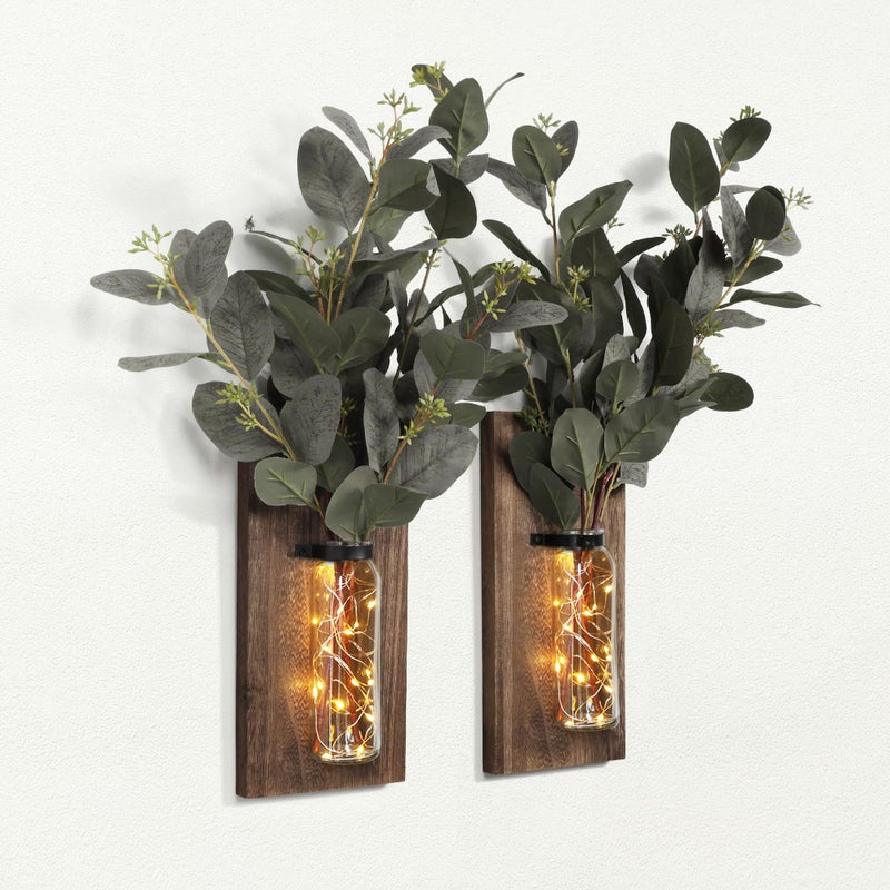 Heiple 2 Pack Wood Glass Wall Sconces Farmhouse Planters for Indoor Plants Rustic Decor for Living Room Hanging Vase Brown