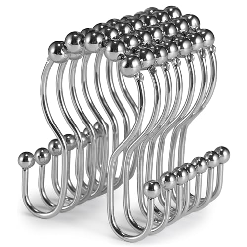 Goowin Shower Curtain Hooks, 12 Pcs Shower Curtain Rings, Stainless Steel Silver Shower Curtain Hooks Rings Rust Proof, Smooth Sliding Anti-Drop Double Shower Hooks for Shower Curtain, Rods (Chrome) - Image 1