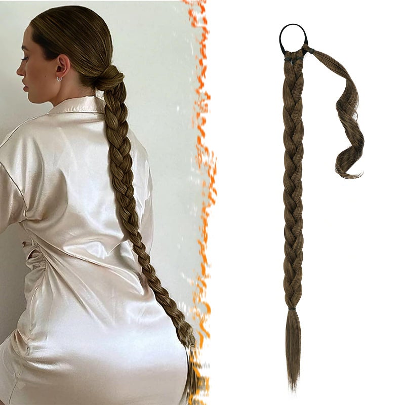 BARSDAR 26 Inch Long Braided Ponytail Extension with Hair Tie  Straight Sleek Wrap Around Brown Braided Ponytail Hair Extensions Synthetic Pony Tails Hairpieces for Women  Chestnut Brown Mixed