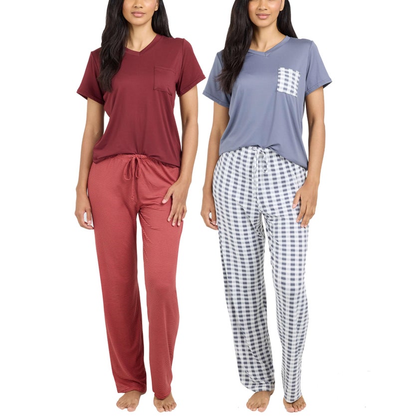 Real Essentials 2 Pack Womens Pajama Set Choose from Short Sleeve with Pocket or Long Sleeve without Pocket