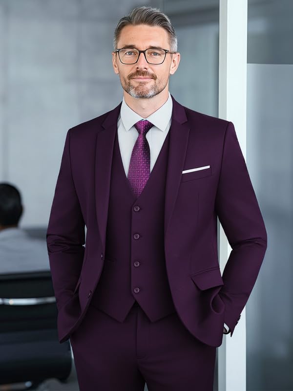 WEEN CHARM Suits for Men,3 Piece Slim Fit Suit Set with 2-Button Blazer,Vest,Pants,Tuxedo for Wedding,Prom,Party,Business Purple - Image 3