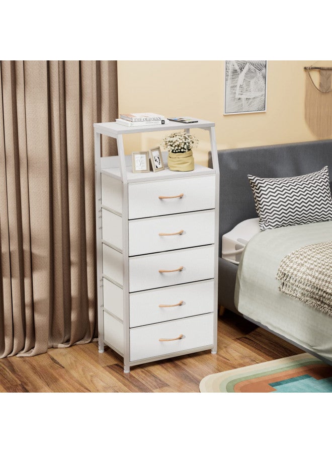 Furnulem Furnulem White Dresser with 5 Drawers, Vertical Storage Tower Fabric Dresser for Bedroom, Hallway, Entryway, Nursery, Closet Organizer, Nightstand Bedside Table Furniture, Sturdy Steel Frame, Wood Top - Image 1