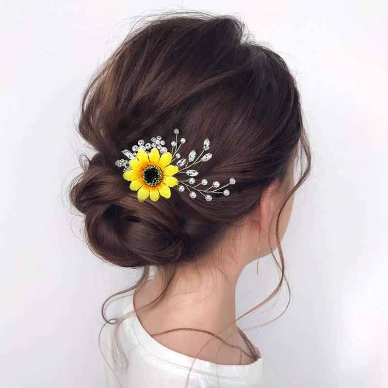 Unicra Bride Wedding Hair Comb Sunflower Bridal Side Comb Crystal Hair Accessories for Women and Girls Silver