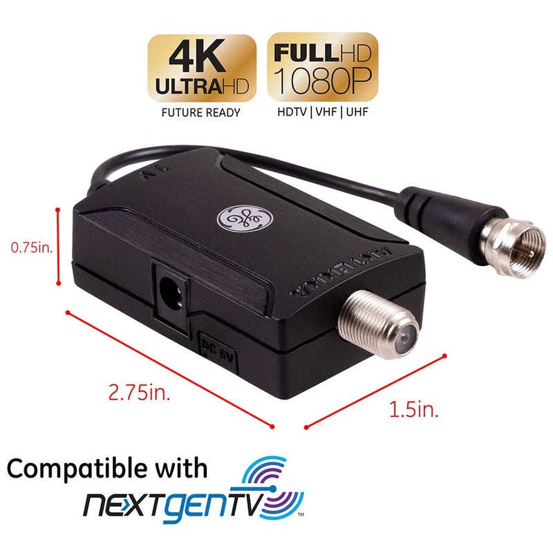 GENERAL ELECTRIC GE Indoor HD Digital TV Antenna Amplifier, Low Noise Antenna Signal Booster, Clears Up Pixelated Low-Strength Channels, Supports HD Smart TV VHF UHF, AC Adapter, Black, 42178 - Image 4