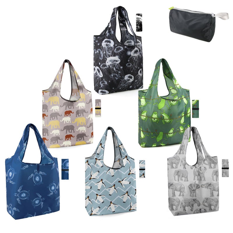 BeeGreen Turtle Reusable Grocery Bags Frog Elephant Penguin Jellyfish Shopping Bags Bulk 50LBS X-Large Heavy Duty 6 Pieces - Image 1