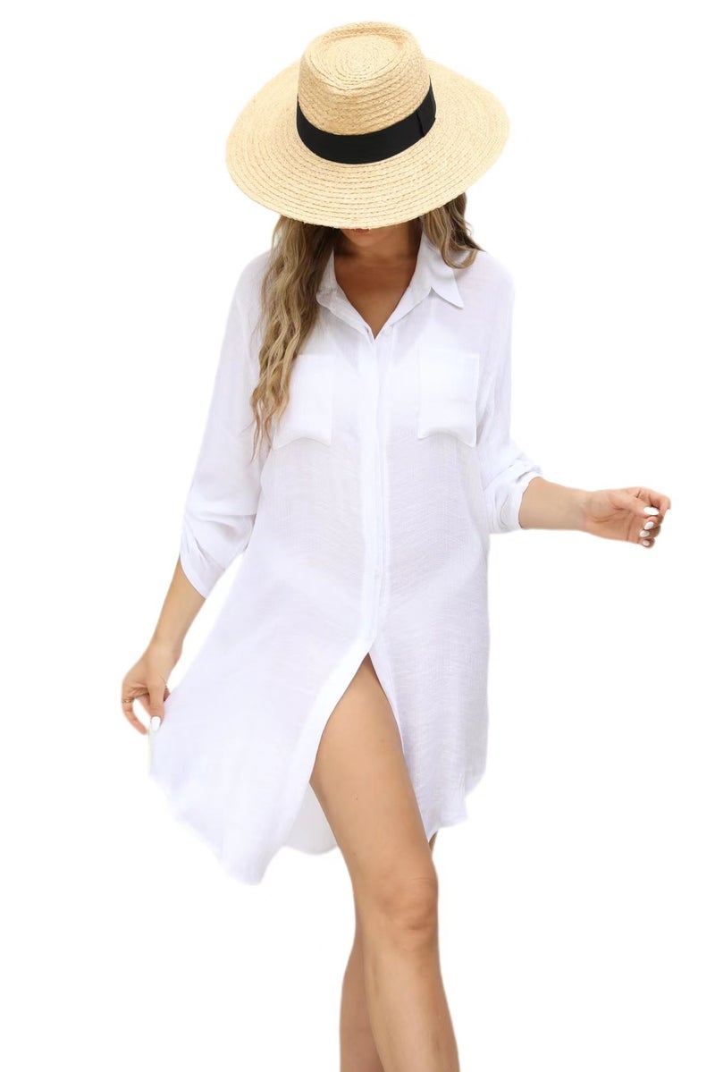 Wholesale European and American New Wrinkled Cloth Two-Uthed Hidden Pocket Button Beach Cover-Up Bikini Jacket Shirt Swimsuit(Khaki, All yards) - Image 5