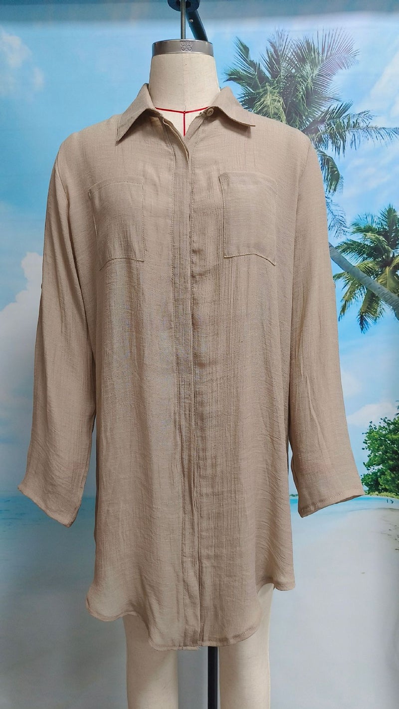 Wholesale European and American New Wrinkled Cloth Two-Uthed Hidden Pocket Button Beach Cover-Up Bikini Jacket Shirt Swimsuit(Khaki, All yards) - Image 1