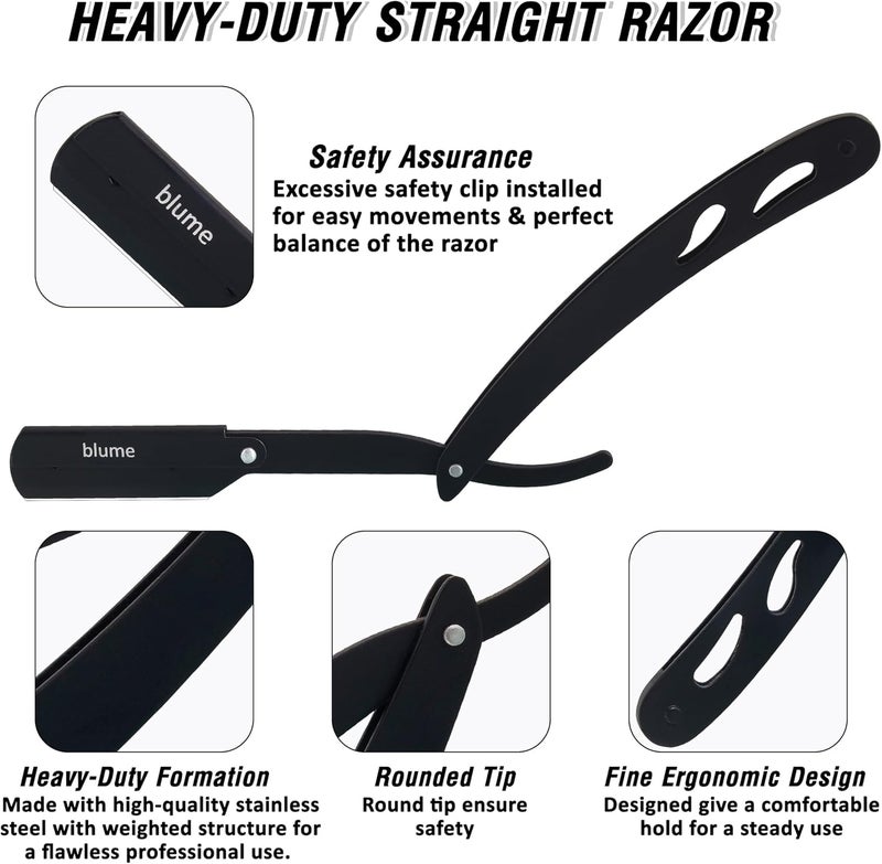 blume Straight Edge Razor for Men Shaving and Professional Barbers – Matte Black Light Weight Single Blade Razor - Moustache & Beard Shaving - Japanese Stainless Steel (Black) - Image 2
