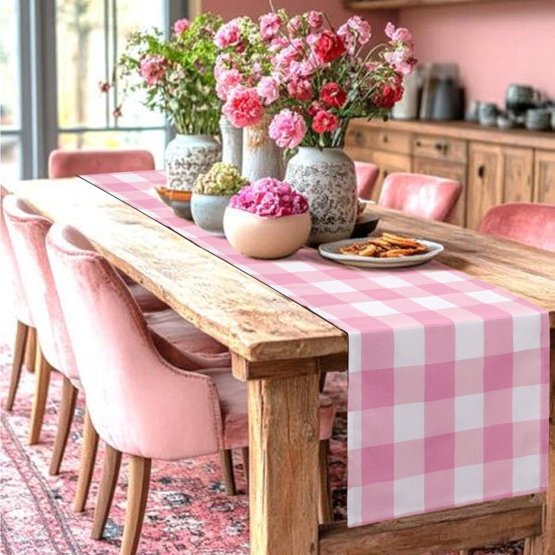yuboo Pink Gingham Table Runner 72 Inches, Spring Pink and White Buffalo Check Plaid Table Cloth for Gingham Party Supplies, Rustic Farmhouse Wedding Birthday Valentine's Day Home Table Decorations - Image 1