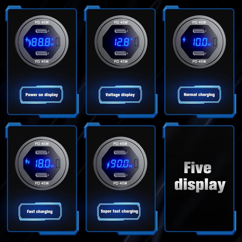 Thlevel Type C Car Charger Socket Dual Port 90W PD Type C Fast Charger Socket Power Waterproof with LED Digital Voltmeter and Switch for 12V / 24V Marine Boat Motorcycle Truck - Image 5