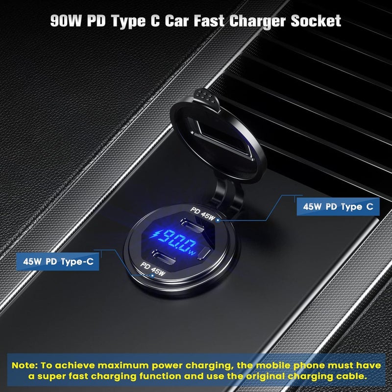Thlevel Type C Car Charger Socket Dual Port 90W PD Type C Fast Charger Socket Power Waterproof with LED Digital Voltmeter and Switch for 12V / 24V Marine Boat Motorcycle Truck - Image 2