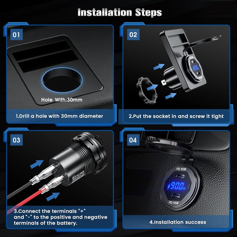 Thlevel Type C Car Charger Socket Dual Port 90W PD Type C Fast Charger Socket Power Waterproof with LED Digital Voltmeter and Switch for 12V / 24V Marine Boat Motorcycle Truck - Image 4