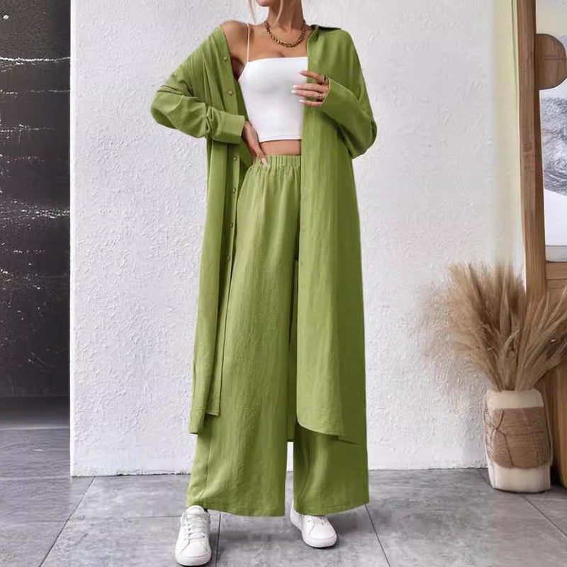 2024 New Autumn Two-piece Womens suit European, American and Middle East Long Shirt Two-piece Wide-leg Pants Trousers green