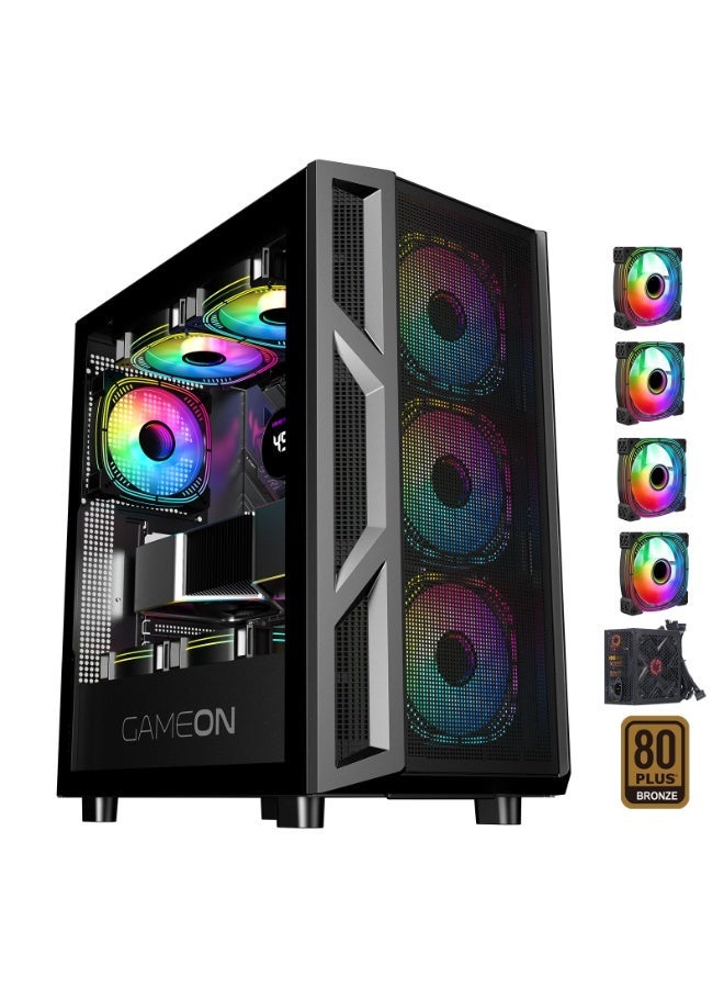Trident IV Mid Tower Gaming Case with 750W PSU – Mid Tower Gaming PC Case | Pre-Installed 750W 80+ Bronze PSU | ARGB + PWM Fans | Tempered Glass | ATX / M-ATX / ITX Compatible black